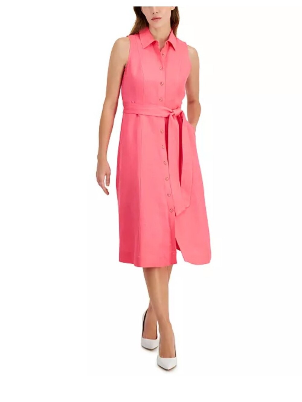 Calvin Klein Pink Shirt Dress Size 4 Sleeveless Button Front Belted Knee Length